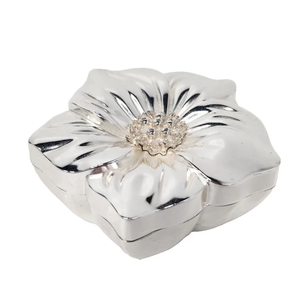 VTG Mirrored Silver Tone Metal Flower Jewelry Box Lidded For You Ease‎ Only Inc